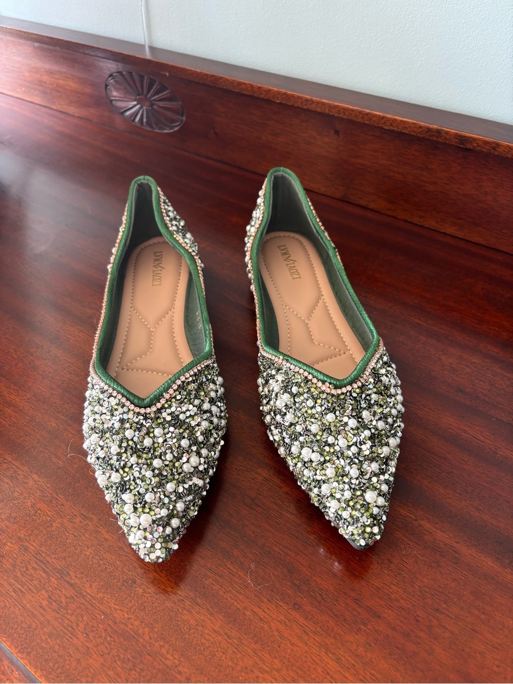 Embellished Green Pointed Toe Women's Flats